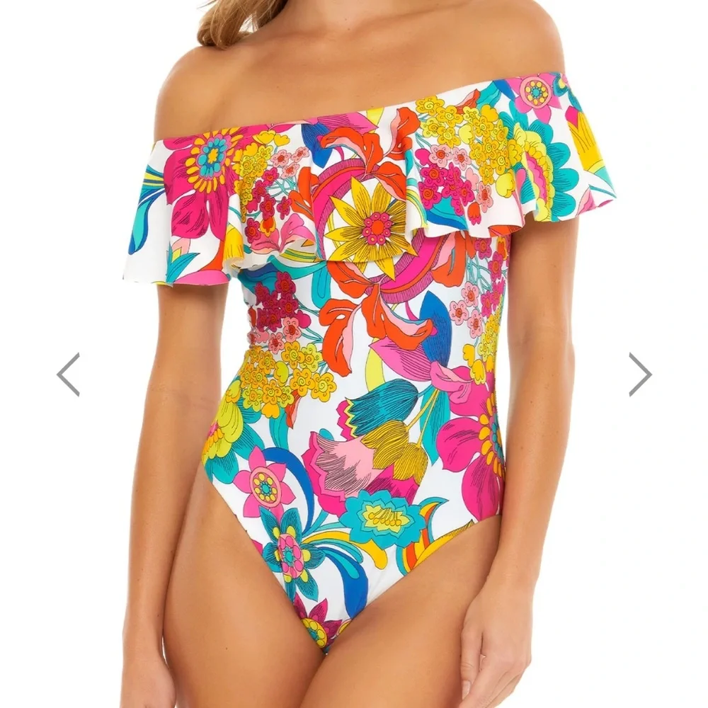 Gorgeous Colorful Trina Turk Fontaine Bandeau Ruffle One-Piece Size 14 NWT - Picture 2 of 16